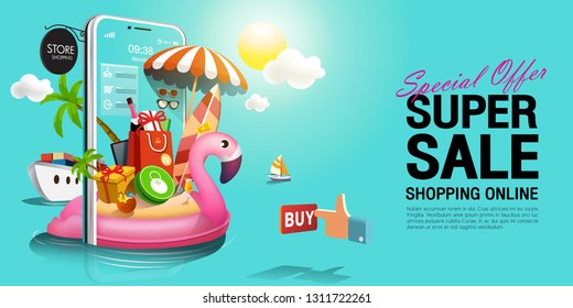 Shopping Online, Special Offer Summer Super Sale, Green Background On mobile