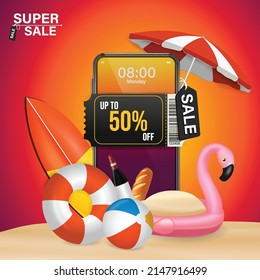 Shopping Online, Special Offer Summer Super Sale, Yellow ,
orange Background On mobile.online shopping concept on smartphone Discount on purchases during summer sale.online shop application.