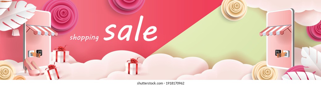 shopping online and spring sale season promotion poster and phone wallpaper on march vecter illustation