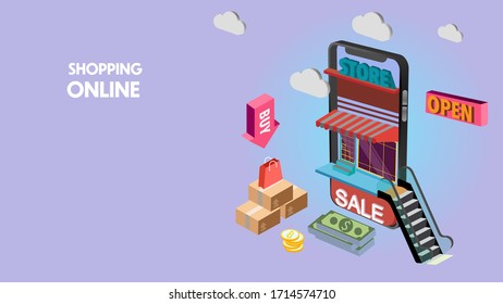 Shopping Online Store alway open , sale and payment delivery package by application with Smart Phone , technology concept online marketing