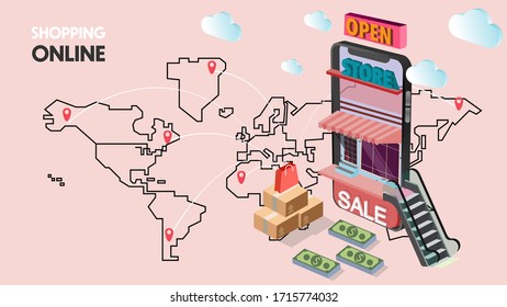 Shopping Online Store alway open , sale and payment delivery package by application with Smart Phone , technology concept online marketing