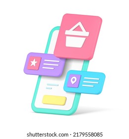 Shopping online store business commercial retail smartphone application buttons user interface realistic 3d icon isometric vector illustration. Internet purchase software mobile phone cyberspace app