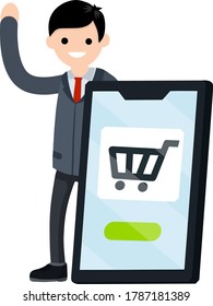 Shopping in online store. Cart on screen. Businessman and big mobile phone. Man in suit. Happy office worker. Cartoon flat illustration.