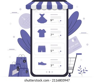 Shopping in the online store. Shopping clothes in mobile applications. Smartphone payment. E-commerce concept. Lilac colors.