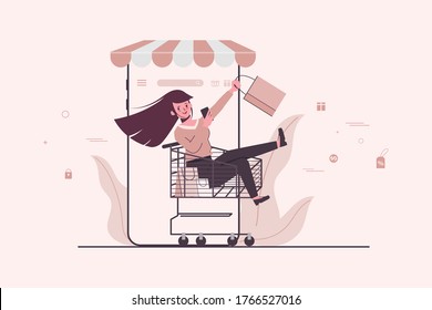 Shopping Online Shop Konzept mit Kunden in Barrow-Warenkorb. Verkaufsförderungskonzept online.