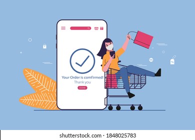 Shopping online store concept with customer in barrow cart. Online sell promotional concept.