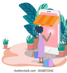 Shopping online store concept with customer. Online sell promotional concept.