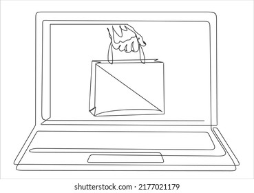 Shopping in online store concept. Single line draw design illustration