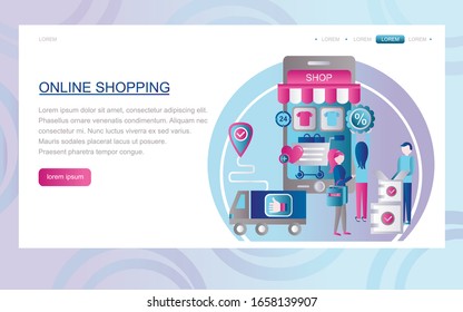 Compras en la tienda en línea. Concepto de desarrollo de sitios web y aplicaciones móviles. Ilustración vectorial. Plantilla de página de destino. Diseño moderno y plano. Caracteres para página web o página principal.