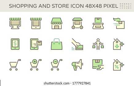 Shopping und speichern Sie Front Vektorsymbol Set Design, 48X48 Pixel perfekt und editierbar Strich.