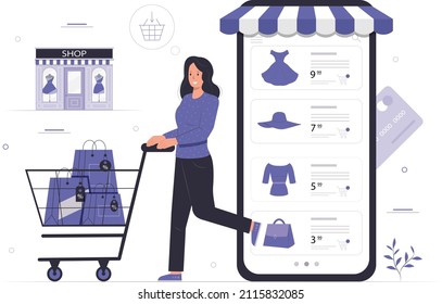 Shopping in the online store. Internet market, shopping in mobile applications and a girl buys clothes. Smartphone payment and clothes sale flat vector illustration set. E-commerce concept Lilac color