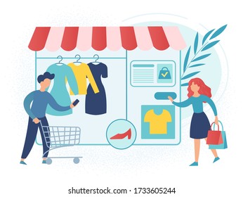 Shopping in the online store. A man with a trolley orders goods on a smartphone. Girl presses a button while making a purchase in the online store. 