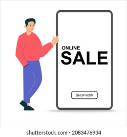 tienda online de compras, concepto de comercio electrónico móvil, hombres mostrando venta online en móvil	