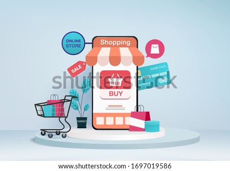 shopping online store, mobile e-commerce concept with podium blue background, Online shopping concept mobile application sale. shopping card, credit card. Online sale store device 3d vector rendering