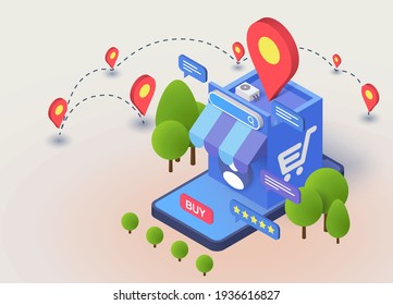 Shopping online store mobile. isometric store application mockup. Online delivery. Vector illustration. EPS 10