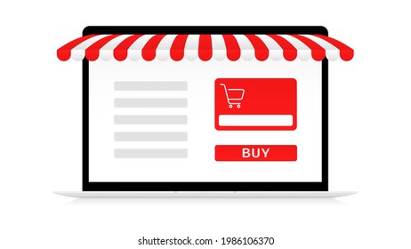 Comprar tienda en línea con plantilla de bloc de notas. Enumera cosas con carrito rojo y dosel en el gadget de pantalla. Compras rentables con pago digital y entrega rápida de vectores