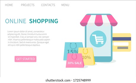 Shopping online in an online store on smartphone and mobile application. . Landing page website template. Vector illustration for web and graphic design