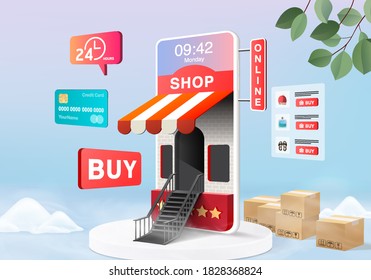 shopping online store for sale, mobile e-commerce with 3d blue pastel background, shop online on mobile app 24 hours. shopping cart, credit card. minimal store device 3d vector rendered