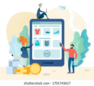 Shopping online in an online store using electronic gadgets and mobile applications, successful online trading, a man makes purchases in an online store. Vector illustration.