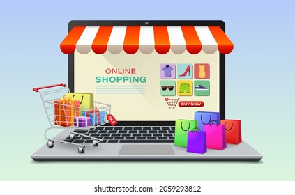 Shopping online store via laptop and bags, shopping cart with gift boxes. Vector illustration