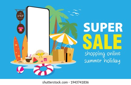 Shopping Online summer, Special Offer Summer Super Sale, White Background On mobile