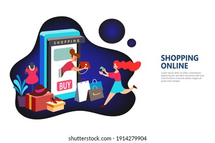 Shopping online template design for website, banner, application. A woman shopping online flat design.