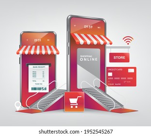 shopping online template on smartphone application, smartphone store and escalator. To represent the mall for online shopping concept design and payment online concept,shopping mall for advertising