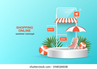 Shopping online template via smartphone application,summer vacation themed illustrations for promotion on shopping web platform,online shopping summer sale concept design,vector 3d on blue background