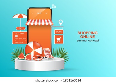 Shopping online template via smartphone application,summer vacation themed illustrations for promotion on shopping web platform,online shopping summer sale concept design