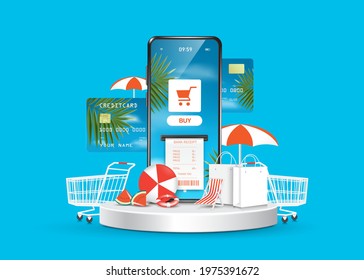 Shopping online template via smartphone application,summer vacation themed illustrations for promotion on shopping web platform,online shopping summer sale concept design,vector 3d isolated