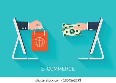 Shopping online through computer. e-commerce concepts. hand holding shopping bag exchange and money. vector illustration in flat style modern design.