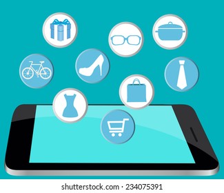 Shopping online through the mobile phone. Phone with dresses, shoes and tie. Vector illustration