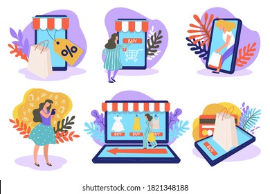 Shopping online using gadgets, buying products via internet. Smartphone and tablet, laptop and websites with assortment. Customer with banking credit card, looking at sales, vector in flat style