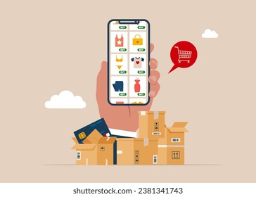 Shopping online using mobile phone. Customer selects the goods to online shopping. Flat vector illustration 