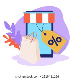 Shopping online using smartphone or application of store. Buying things using smartphone. Sales and discounts displayed on screen. Shops proposals and consumerism, paper bag vector in flat style