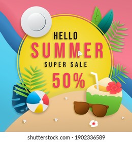 Shopping online vector banner graphic digital marketing. fresh bright banner for your website paper art shopping summer day sale. Happy colorful concept for Summer Season.