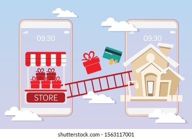 Shopping online vector design on smartphone with cloud and Credit Card and gift.