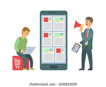 Shopping online vector, worker and boss giving tasks. Smartphone with posts and information, employer with megaphone and clipboard notebook with info