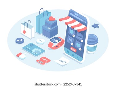Shopping online via mobile application. Store and shop on smartphone. Online digital marketing. Vector illustration in 3d design. Isometric web banner.	

