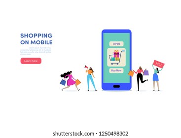 Shopping online via Smartphone. Shop on mobile. E-commerce, Consumerism, Retail, Sale. People vector illustration. Flat cartoon character graphic design. Landing page template,banner,flyer,poster,web