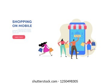 Shopping online via Smartphone. Shop on mobile. E-commerce, Consumerism, Retail, Sale. People vector illustration. Flat cartoon character graphic design. Landing page template,banner,flyer,poster,web