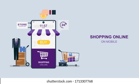 Shopping online vie smartphone, Ordering on screen, Flat design vector illustration, purple tone.