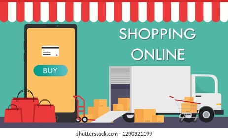 Shopping online wallpaper. free space for text. copy space. Cart vector. 