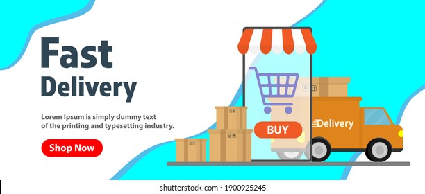 Shopping online website banner. . Technology concept. Shopping online concept. Fast Delivery . Truck cargo box. Smartphone open shop application. Vector illustration. 