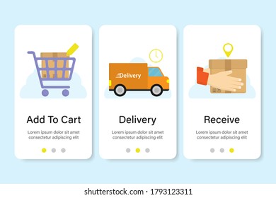 Shopping online website. Delivery process. Digital marketing. Shop online step. Infographic 
3 step. Business concept. Transportations concept. 