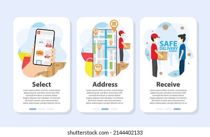 Shopping online website. Delivery process. Digital marketing. Shop online Infographic 3 step. Business concept. Transportations concept.  Flat vector illustrations.  