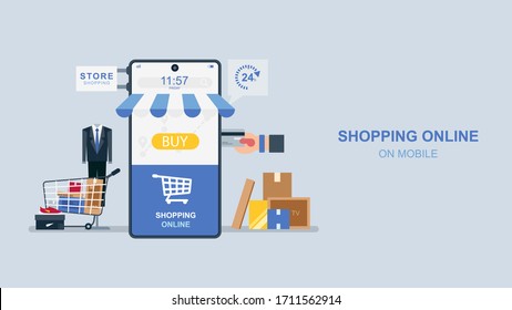 Shopping online, Website or mobile Application, Vector concept marketing and digital marketing. Horizontal view, Flat design illustration.