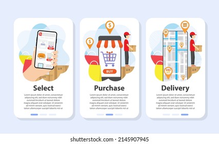 Shopping online website template. Delivery process. Digital marketing. Shop online Infographic 3 step. Business concept. Transportations concept.  Flat vector illustrations.  