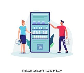 Shopping online wit mobile phone. People shopping online with holding basket, Online groceries store concept. Mobile app shopping and e-commerce concept, Buying goods. Vector illustration flat style