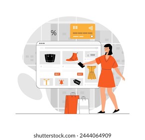 Shopping online. Woman buy clothes, shoes, accessories on the website and pay her credit card. Illustration with people scene in flat design for website and mobile development.	
